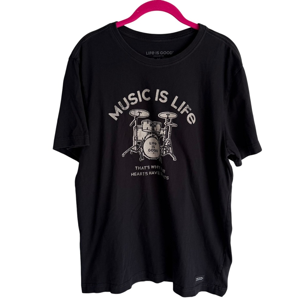 LIFE IS GOOD "Music is Life" Drumset Black Mens Crusher Tee, M